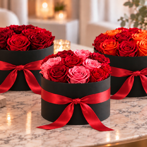 Personalised rose boxes with red, pink and orange preserved Infinity Roses