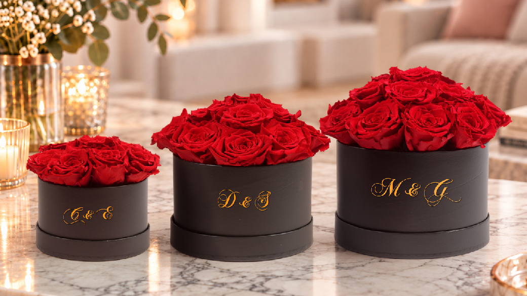 Three sizes of personalised rose boxes with red Infinity Roses and gold initials