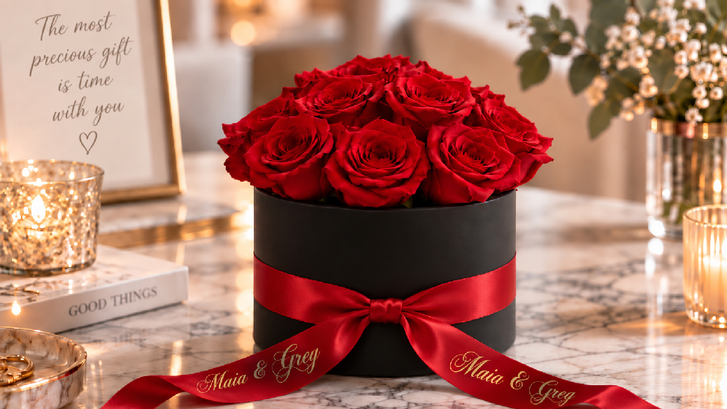 Personalised rose box with red Infinity Roses, red satin ribbon and names in gold lettering