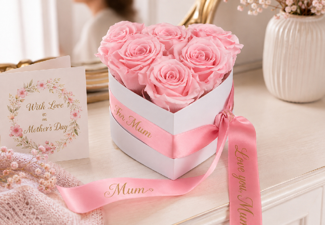 Pink preserved roses in a white heart-shaped rose box with personalised Mother's Day ribbon