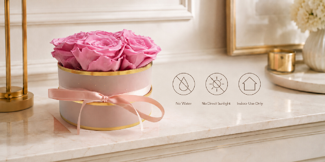 Pink preserved rose box with care instructions: no water, no direct sunlight and indoor use only
