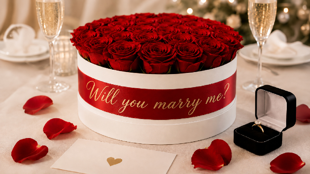 Rose box with red preserved roses, personalised ribbon and engagement ring for a marriage proposal