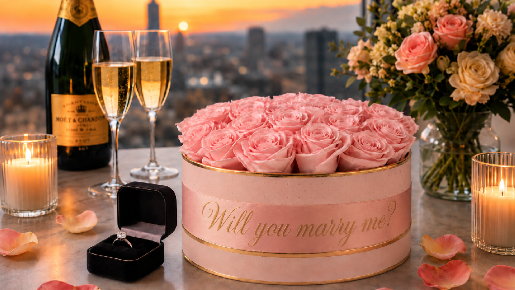Pink preserved rose box with engagement ring in a romantic marriage proposal setting at sunset