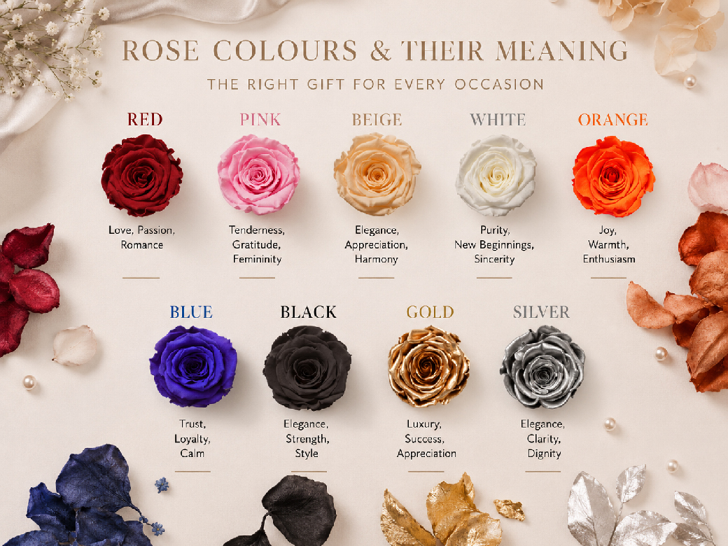 Guide to preserved rose colours and their meanings for different gift occasions