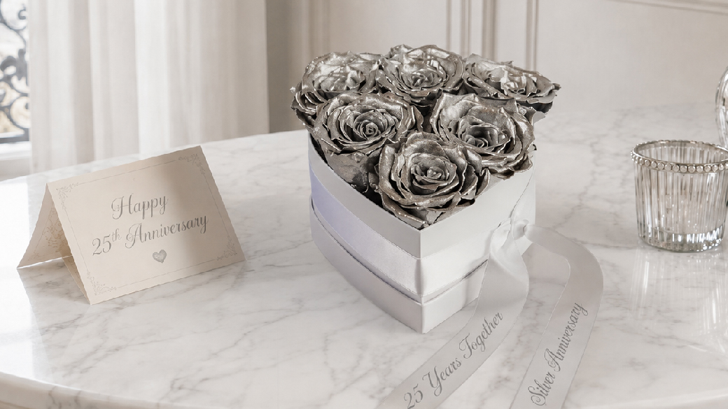 Silver preserved roses in a heart-shaped box for a 25th wedding anniversary
