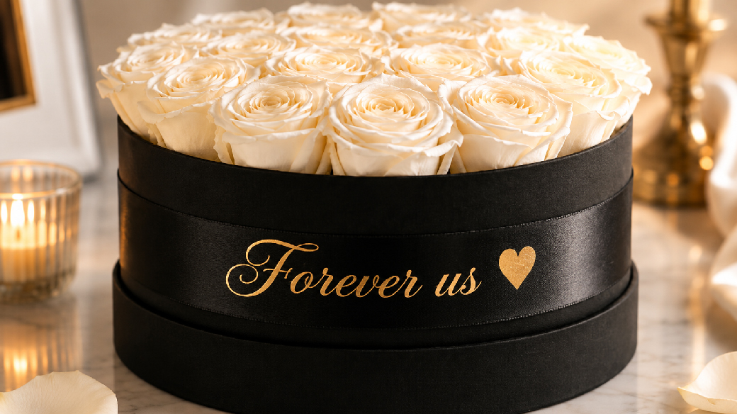 White preserved roses in a black rose box with personalised Forever us ribbon
