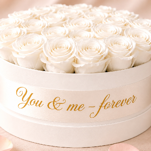 White rose box with preserved roses and personalised ribbon reading You & me – forever