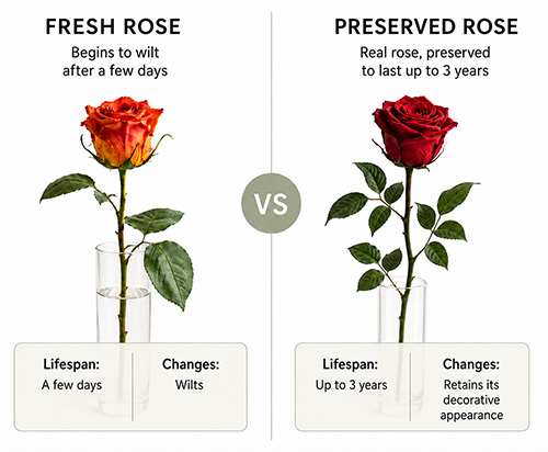 Fresh rose in water beside a preserved rose without water, comparing their lifespan and care