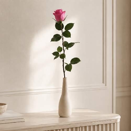 Single pink long-stem preserved rose displayed in a ceramic vase on a modern sideboard