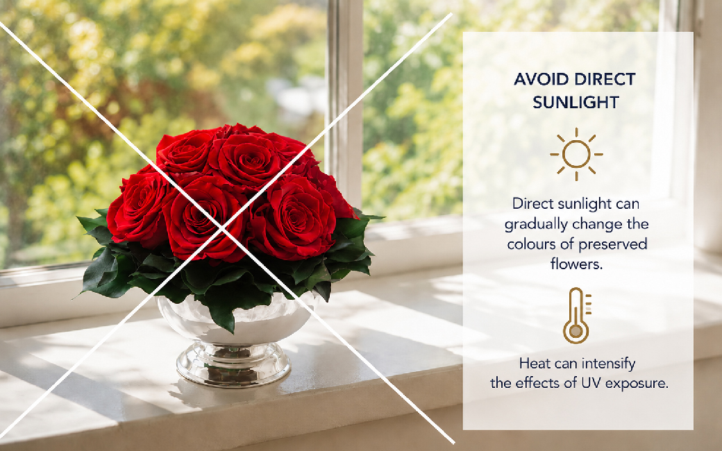 Preserved red roses with guidance to avoid direct sunlight and excessive heat