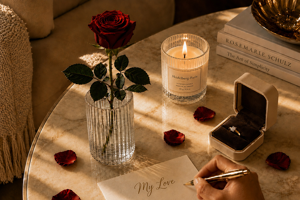 Preserved red rose arranged as an elegant gift with a card and ring box
