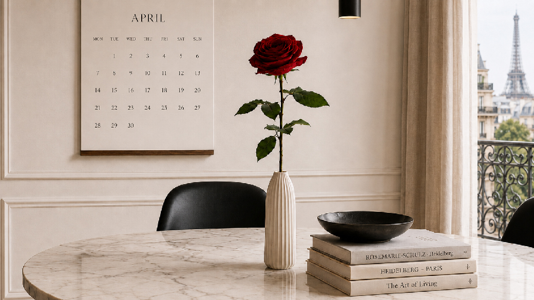 Single red preserved rose displayed in a dry vase in an elegant interior