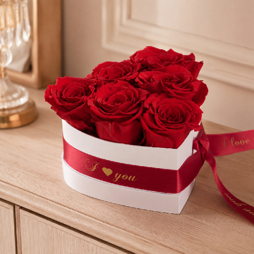 Heart-shaped box with three red preserved roses displayed indoors