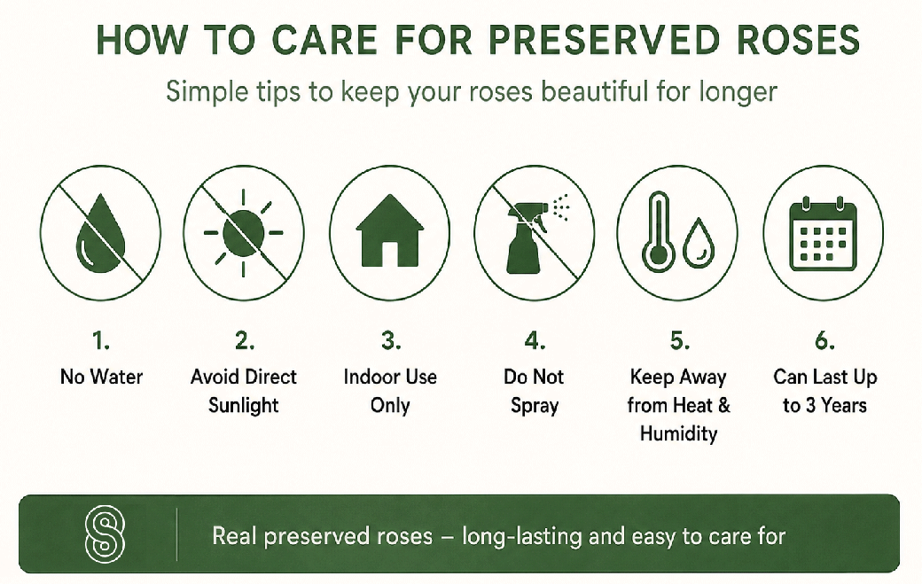 Care guide for preserved roses showing no water, no direct sunlight, indoor use and protection from heat and humidity