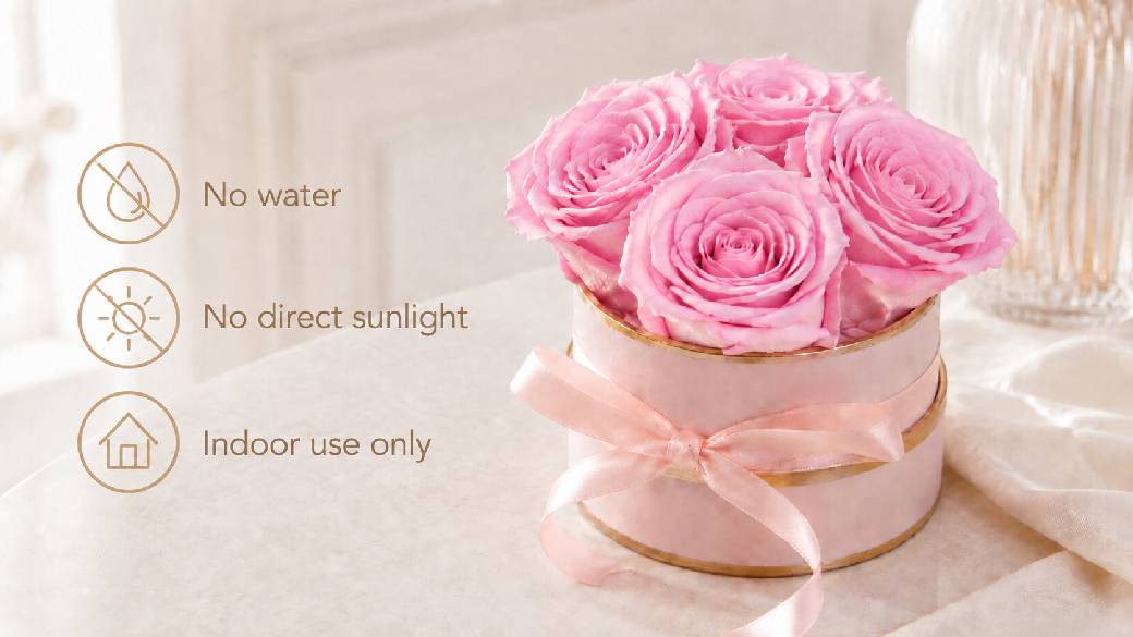Pink preserved roses with care symbols for no water, no direct sunlight and indoor use only