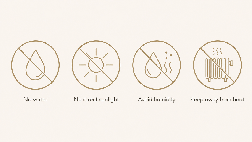 Preserved rose care symbols showing no water, no direct sunlight, avoid humidity and keep away from heat