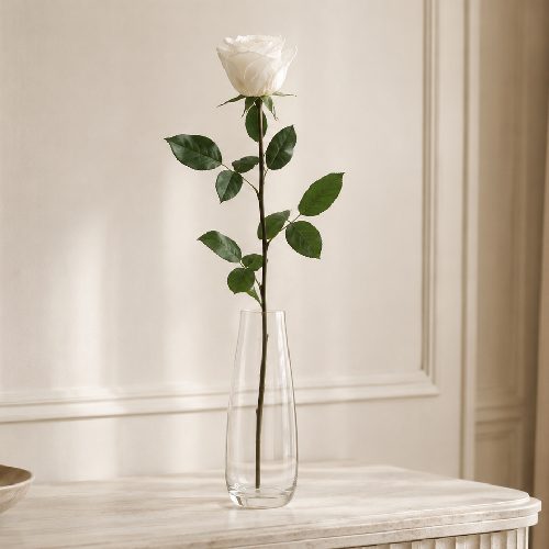 White preserved rose with long stem displayed in an empty dry glass vase