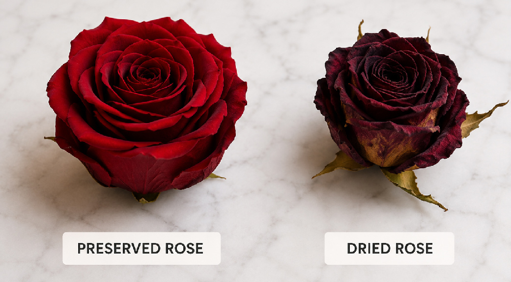 Preserved red rose beside a dried rose showing the difference in petal texture and appearance