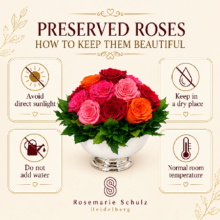 Care tips for preserved Infinity roses: avoid direct sunlight, keep dry, do not add water and store at room temperature