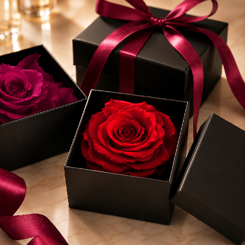 Red and dark red preserved roses in elegant black gift boxes for romantic occasions