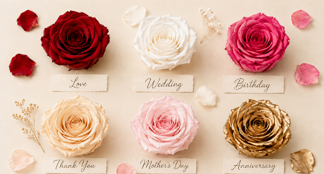 Rose colour guide showing preserved roses for love, weddings, birthdays, thank-you gifts, Mother's Day and anniversaries