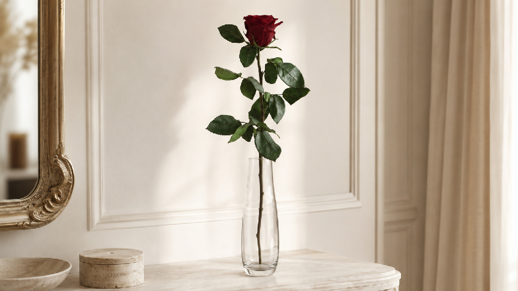 Single red preserved rose with long stem displayed in a dry glass vase