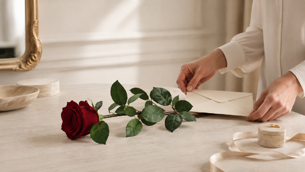 Single red preserved rose with cream envelope presented as a personal gift