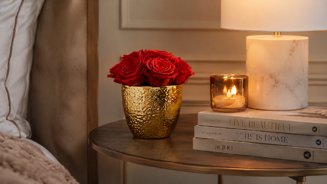 Preserved red roses in a gold-toned vase styled on an elegant bedside table with candlelight