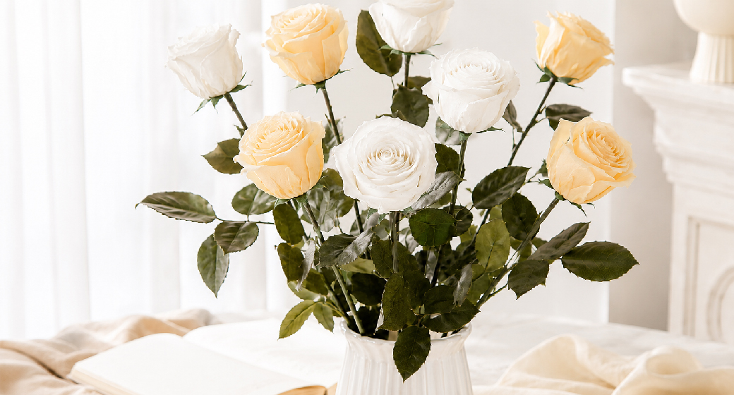 White and champagne preserved roses arranged in a vase for elegant weddings and interior decoration