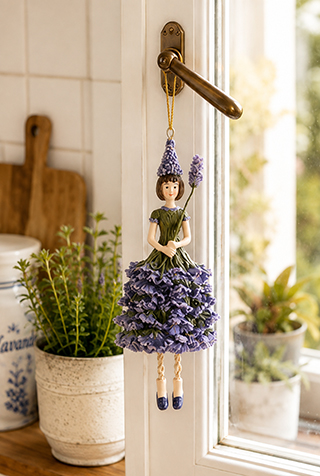 Figurine Fille aux Fleurs Lavande suspendue à une poignée de fenêtre dans un décor campagne chic