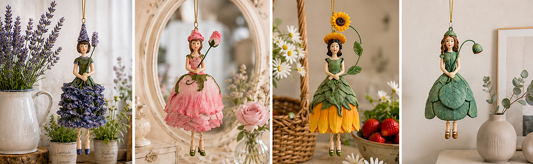 Quatre figurines Filles aux Fleurs à suspendre dans des décors romantique, champêtre et contemporain