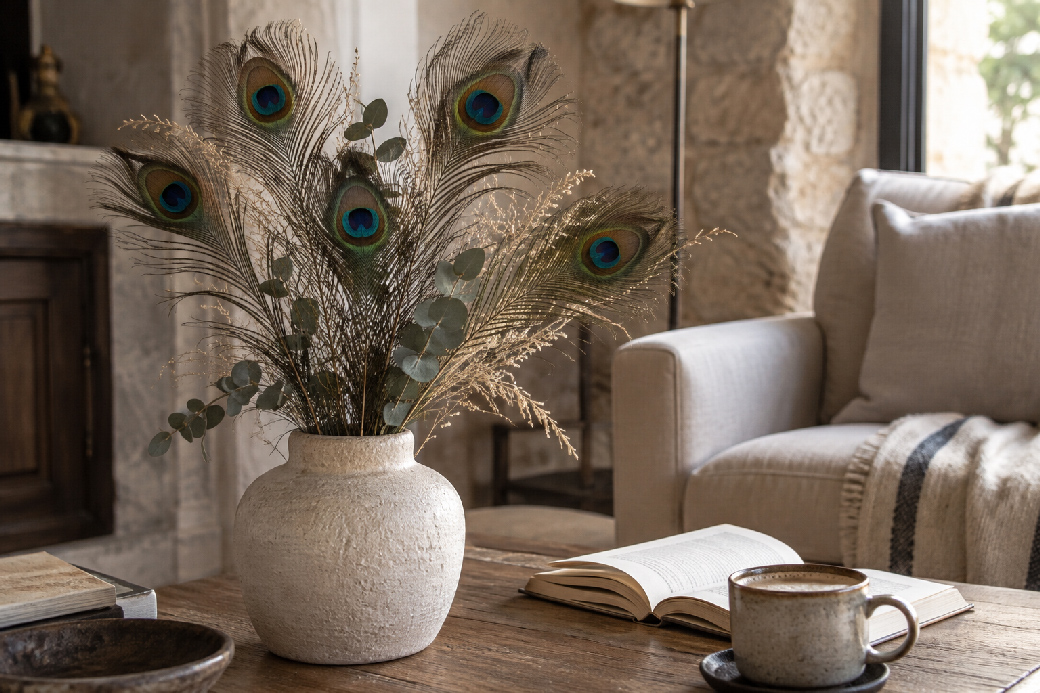 Peacock feathers combined with eucalyptus and dried grasses in a textured ceramic vase