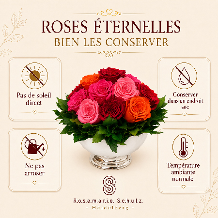 Infographie sur la conservation des roses éternelles : éviter le soleil direct, conserver au sec, ne pas arroser et maintenir une température ambiante.