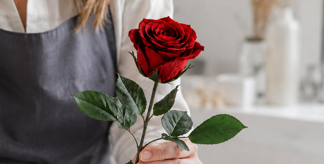Rote echte konservierte Infinity Rose mit Stiel und Blättern in den Hand einer Floristin.