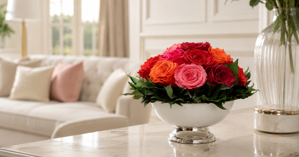 Infinity Rosen Gesteck mit roten, rosa und orangefarbenen Rosen an einem hellen, vor direkter Sonne geschützten Standort