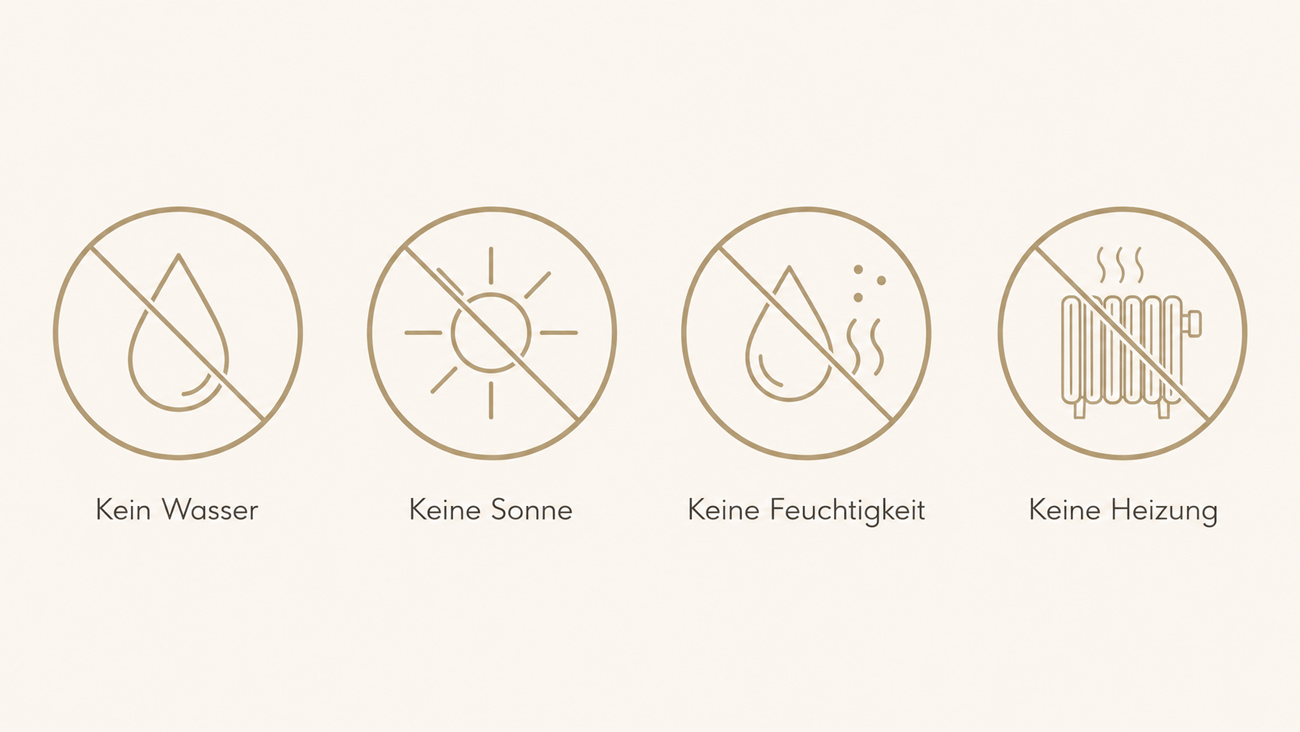 Pflegehinweise für Infinity Rosen mit Symbolen für Wasser Sonne Feuchtigkeit und Hitze vermeiden