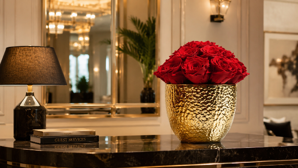 Großes rotes Infinity Rosen Gesteck in goldfarbener Vase als elegante Hotel- und Empfangsdekoration