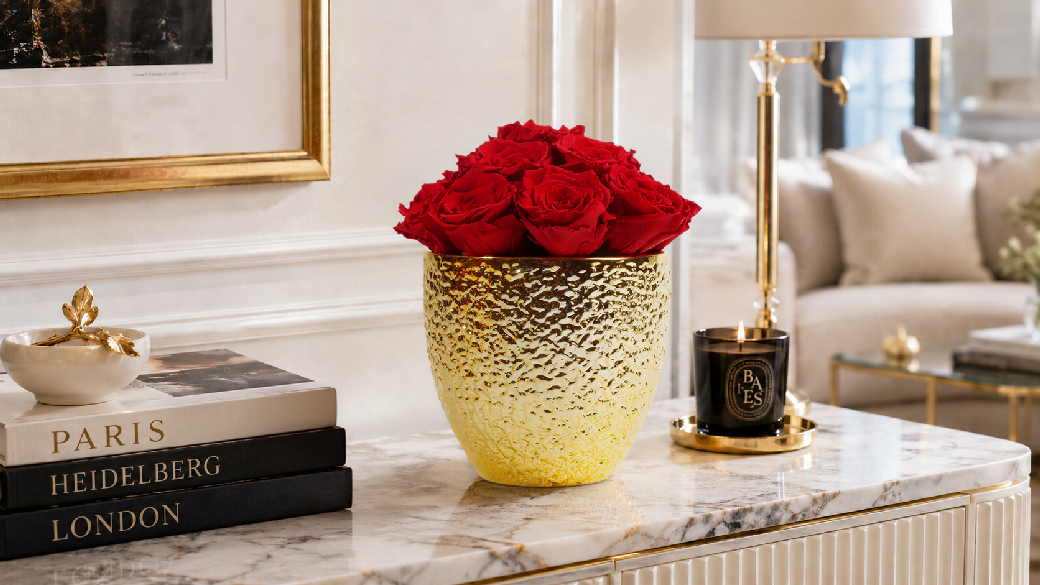 Rotes Infinity Rosen Gesteck in goldfarbener Keramikvase auf einer Marmor-Konsole im Modern Classic Stil