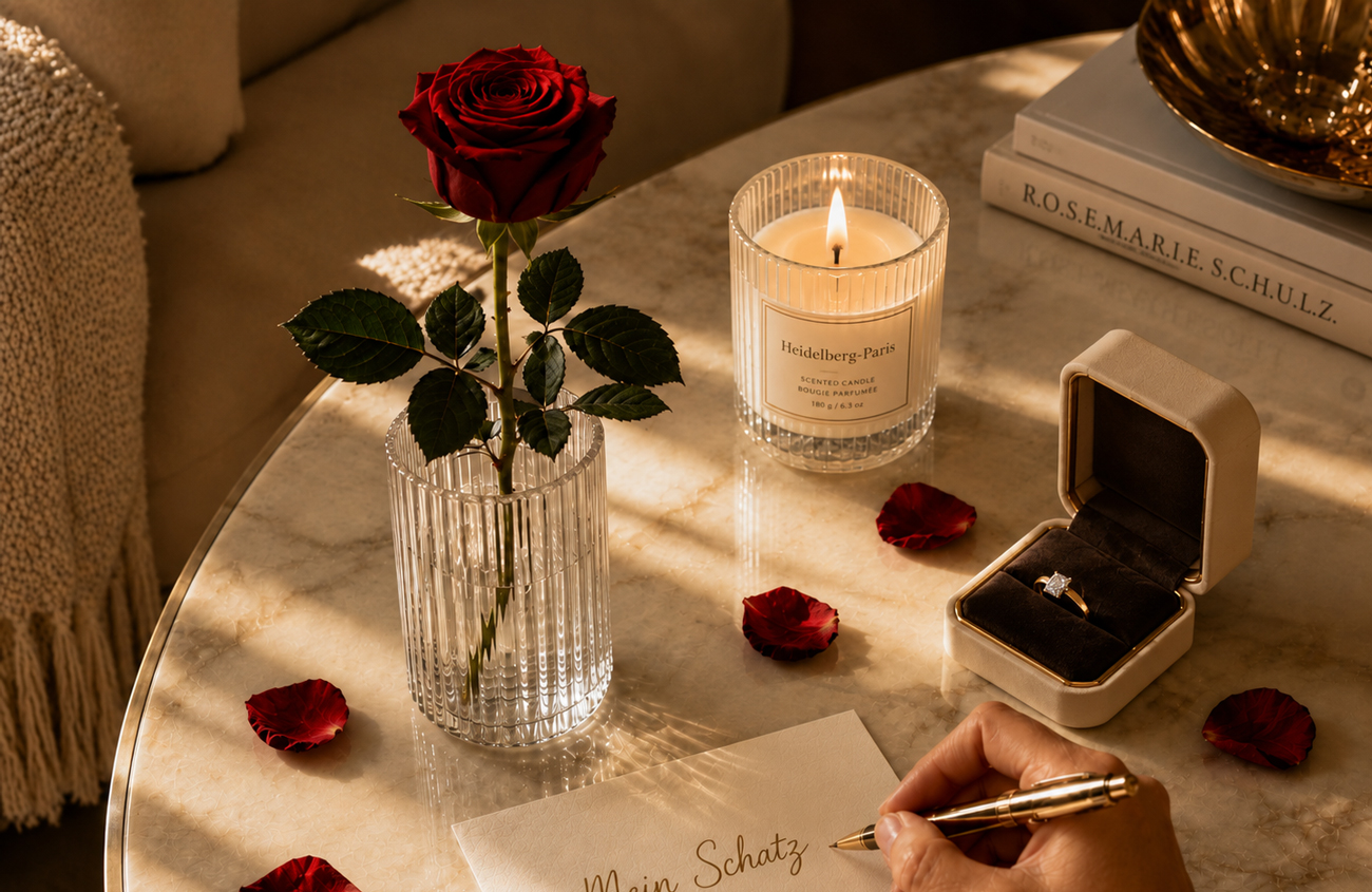Rote konservierte Rose als liebevolle Geschenkidee auf einem Marmortisch mit Kerze, Rosenblättern und persönlicher Grußkarte.