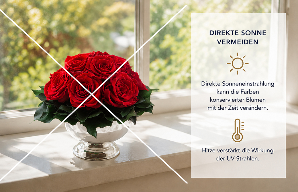 Rosengesteck auf einer sonnigen Fensterbank mit Warnhinweis, dass direkte Sonne die Farben konservierter Blumen mit der Zeit verändern kann