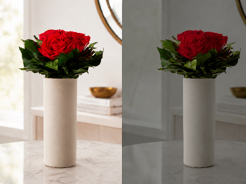 Vergleich desselben konservierten Rosengestecks in einem hellen Raum und in einem dunkleren Raum zur Veranschaulichung der unterschiedlichen Farbwahrnehmung