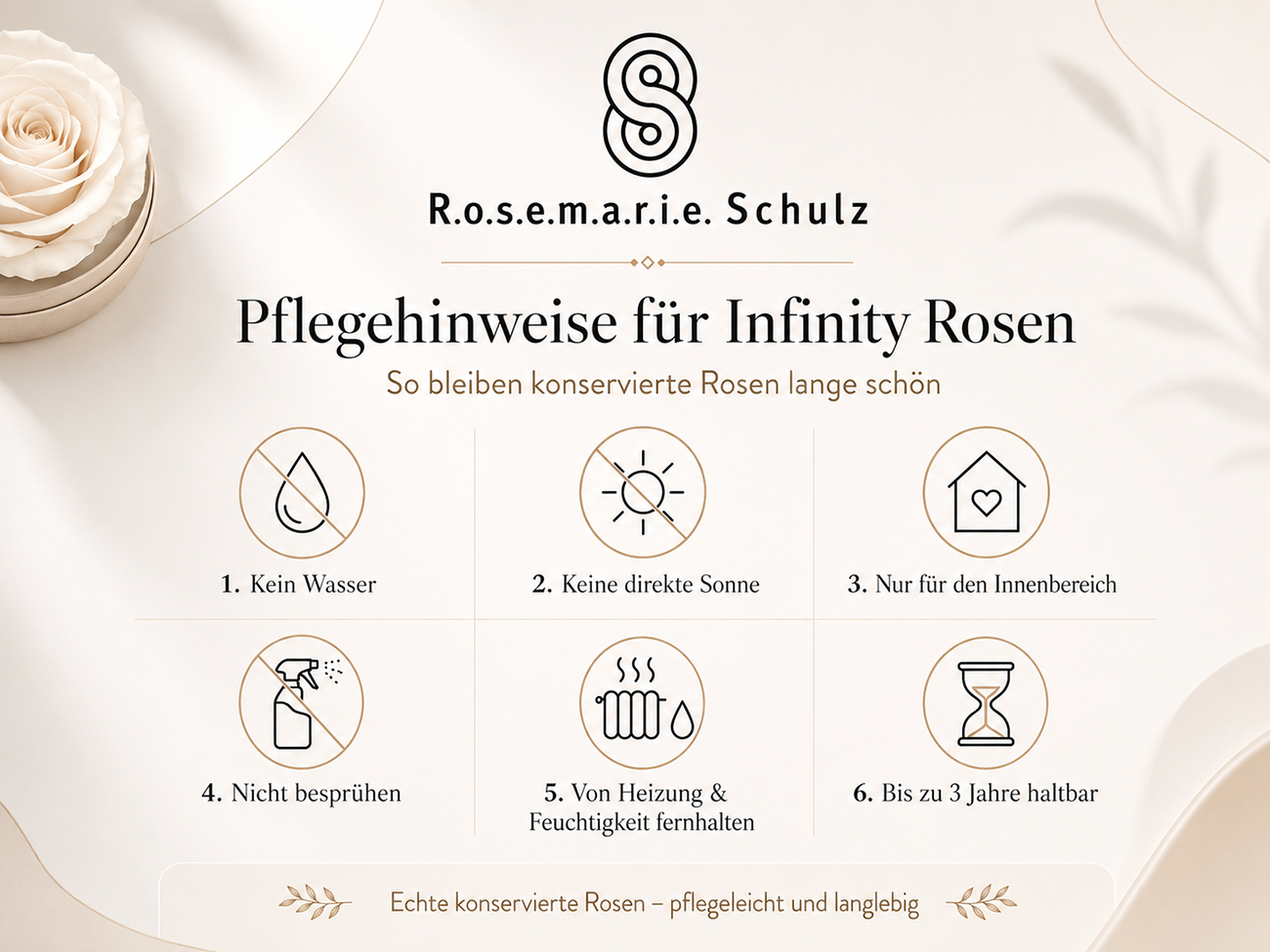 Pflegehinweise für Infinity Rosen: kein Wasser, keine direkte Sonne, nur für den Innenbereich, nicht besprühen, von Heizung und Feuchtigkeit fernhalten.