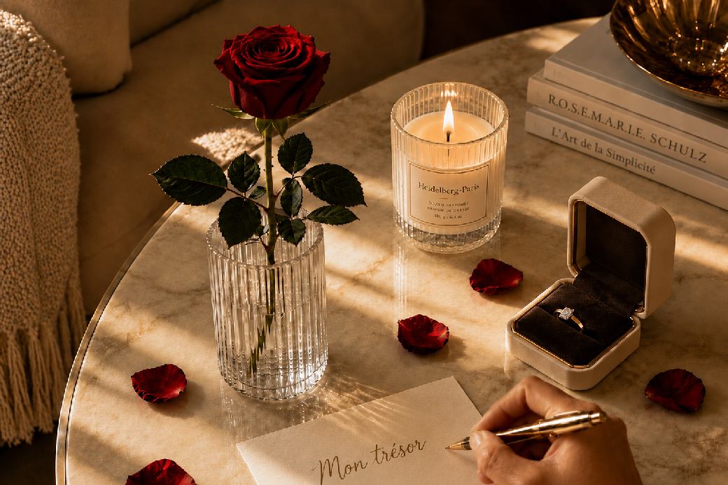 Rose éternelle rouge présentée comme cadeau élégant avec une carte personnelle