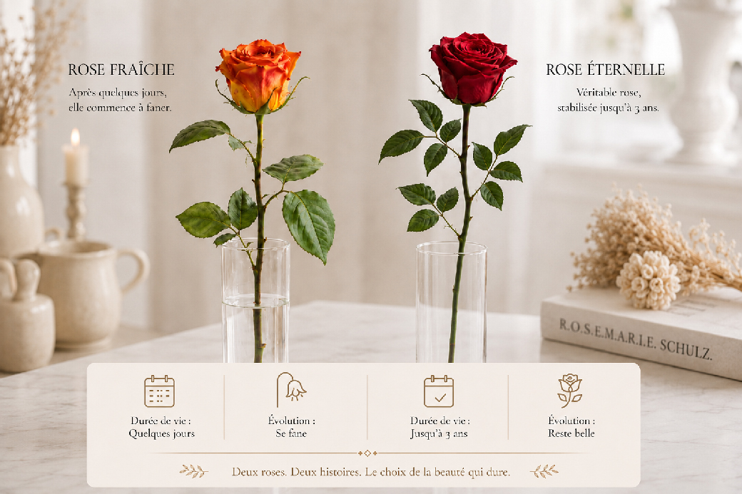 Comparaison entre une rose fraîche dans l’eau et une rose éternelle présentée sans eau