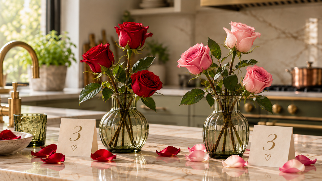 Drei rote und drei rosafarbene Rosen in grünen Glasvasen zeigen die unterschiedliche Wirkung der Rosenfarben