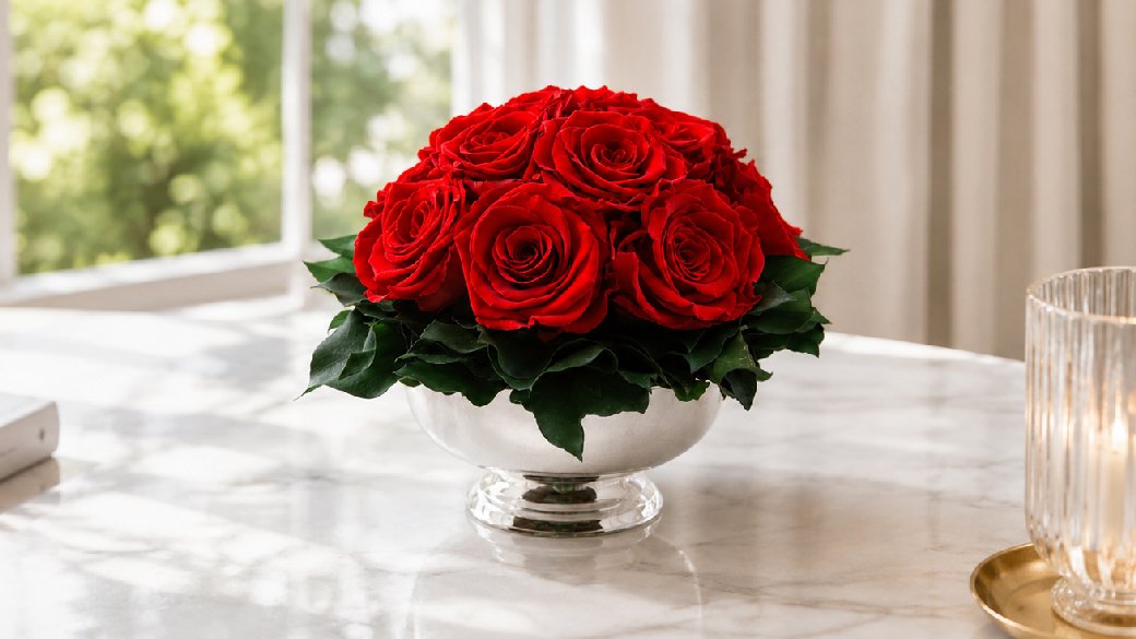 Rotes Rosengesteck aus konservierten Rosen in einem silberfarbenen Gefäß in einem hellen Wohnraum