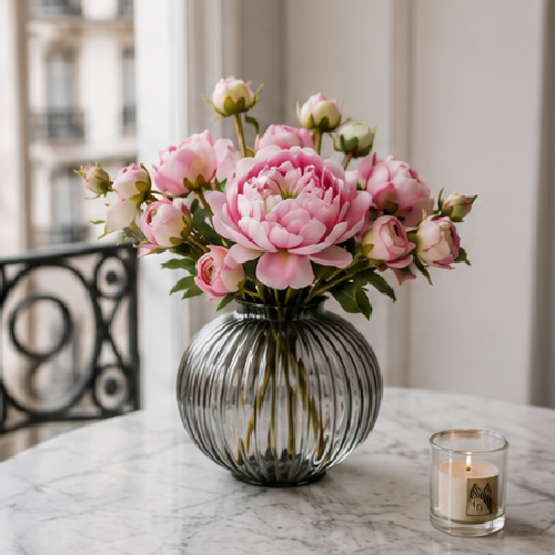 Kleiner rosa Kunstblumenstrauß mit Pfingstrosen in einer geriffelten Glasvase