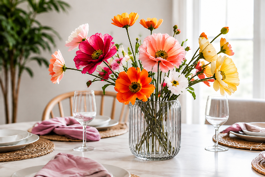 Buntes Kunstblumen-Arrangement in einer Glasvase auf einem gedeckten Esstisch