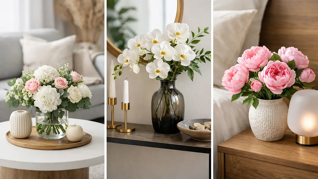 Kunstblumen-Arrangements mit Rosen, Orchideen und Pfingstrosen in verschiedenen Wohnbereichen