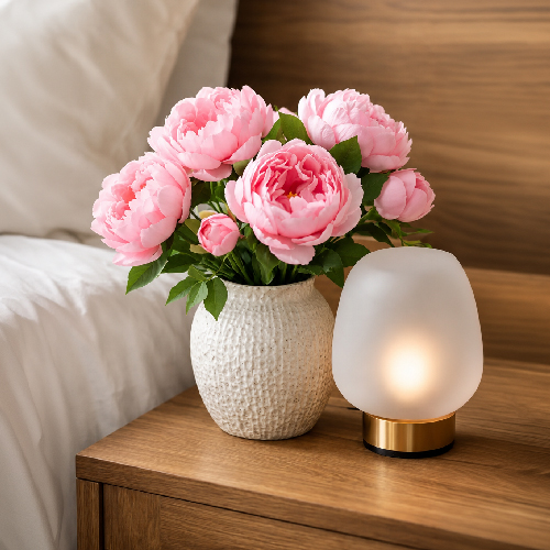 Rosa Kunstpfingstrosen in einer cremefarbenen Vase auf einem Nachttisch im Schlafzimmer